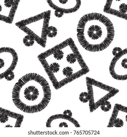 Tribal embroidery with dot, square, triangle, circle. Vector abstract seamless pattern. Black graphic on white background. Geometric embroideries shapes in ethnic, boho, aztec, hipster style.