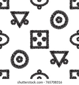 Tribal embroidery with dot, square, triangle, circle. Vector abstract seamless pattern. Black graphic on white background. Geometric embroideries shapes in ethnic, boho, aztec, hipster style.