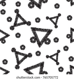 Tribal embroidery with dotted triangles. Vector abstract seamless pattern. Black graphic on white background. Geometric embroideries shapes in minimalistic ethnic, boho, aztec, hipster style.