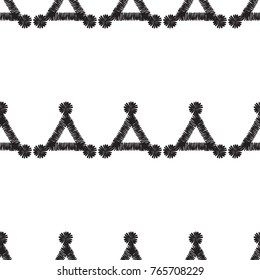 Tribal embroidery with dotted triangles. Vector abstract seamless pattern. Black graphic on white background. Geometric embroideries shapes in minimalistic ethnic, boho, aztec, hipster style.