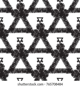 Tribal embroidery with dotted triangles. Vector abstract seamless pattern. Black graphic on white background. Geometric embroideries shapes in minimalistic ethnic, boho, aztec, hipster style.