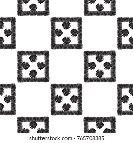Tribal embroidery with inner doted squares. Vector abstract seamless pattern. Black graphic on white background. Geometric embroideries shapes in minimalistic ethnic, boho, aztec, hipster style.