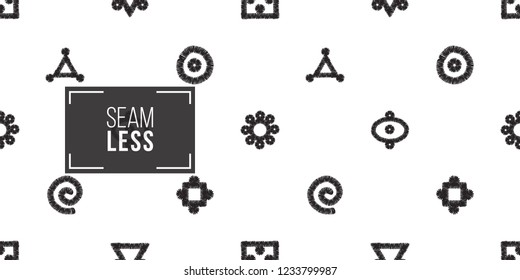 Tribal embroidery primitive aztec symbols. Seamless pattern background. Black and white graphic. Geometric embroideries shapes in minimalistic ethnic, boho, aztec, hipster style.