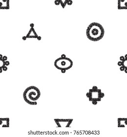 Tribal embroidery primitive aztec symbols. Vector abstract seamless pattern. Black graphic on white background. Geometric embroideries shapes in minimalistic ethnic, boho, aztec, hipster style.
