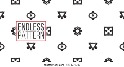 Tribal embroidery. Seamless pattern background. Black and white graphic. Geometric embroideries shapes in minimalistic ethnic, boho, aztec, hipster style.