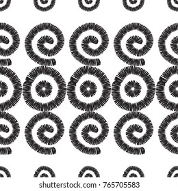 Tribal embroidery with spirals, circles, dots. Vector abstract seamless pattern. Black graphic on white background. Geometric embroideries shapes in minimalistic ethnic, boho, aztec, hipster style.