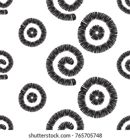 Tribal embroidery with spirals, circles, dots. Vector abstract seamless pattern. Black graphic on white background. Geometric embroideries shapes in minimalistic ethnic, boho, aztec, hipster style.