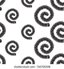 Tribal embroidery with spirals. Vector abstract seamless pattern. Black graphic on white background. Geometric embroideries shapes in minimalistic ethnic, boho, aztec, hipster style.