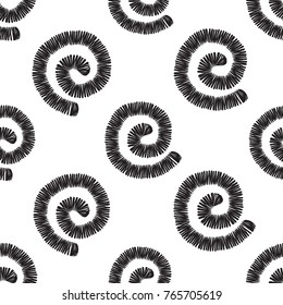 Tribal embroidery with spirals. Vector abstract seamless pattern. Black graphic on white background. Geometric embroideries shapes in minimalistic ethnic, boho, aztec, hipster style.
