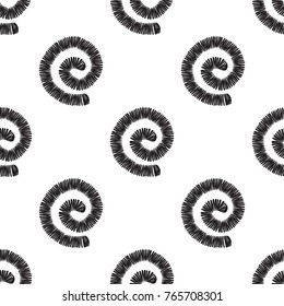 Tribal embroidery with spirals. Vector abstract seamless pattern. Black graphic on white background. Geometric embroideries shapes in minimalistic ethnic, boho, aztec, hipster style.