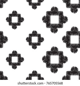 Tribal embroidery with squares with dots. Vector abstract seamless pattern. Black graphic on white background. Geometric embroideries shapes in minimalistic ethnic, boho, aztec, hipster style.
