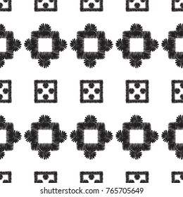 Tribal embroidery with squares and dots. Vector abstract seamless pattern. Black graphic on white background. Geometric embroideries shapes in minimalistic ethnic, boho, aztec, hipster style.