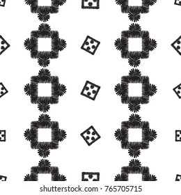 Tribal embroidery with squares and dots. Vector abstract seamless pattern. Black graphic on white background. Geometric embroideries shapes in minimalistic ethnic, boho, aztec, hipster style.