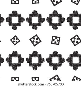 Tribal embroidery with squares and dots. Vector abstract seamless pattern. Black graphic on white background. Geometric embroideries shapes in minimalistic ethnic, boho, aztec, hipster style.