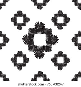 Tribal embroidery with squares with dots. Vector abstract seamless pattern. Black graphic on white background. Geometric embroideries shapes in minimalistic ethnic, boho, aztec, hipster style.