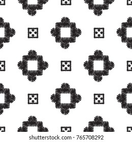 Tribal embroidery with squares and dots. Vector abstract seamless pattern. Black graphic on white background. Geometric embroideries shapes in minimalistic ethnic, boho, aztec, hipster style.