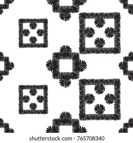Tribal embroidery with squares and dots. Vector abstract seamless pattern. Black graphic on white background. Geometric embroideries shapes in minimalistic ethnic, boho, aztec, hipster style.