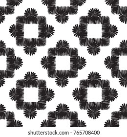 Tribal embroidery with squares with dots. Vector abstract seamless pattern. Black graphic on white background. Geometric embroideries shapes in minimalistic ethnic, boho, aztec, hipster style.