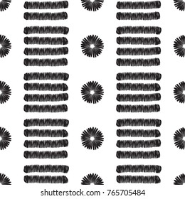 Tribal embroidery with stripes and tiny dots. Vector abstract seamless pattern. Black graphic on white background. Geometric embroideries shapes in minimalistic ethnic, boho, aztec, hipster style.
