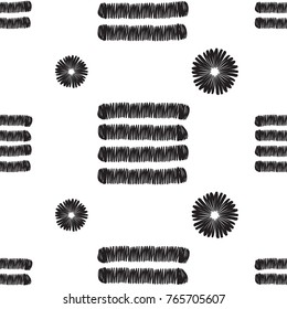 Tribal embroidery with stripes and tiny dots. Vector abstract seamless pattern. Black graphic on white background. Geometric embroideries shapes in minimalistic ethnic, boho, aztec, hipster style.