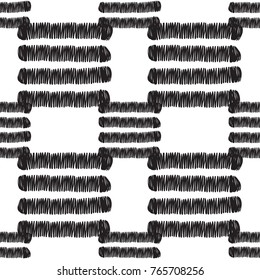 Tribal embroidery with stripes. Vector abstract seamless pattern. Black graphic on white background. Geometric embroideries shapes in minimalistic ethnic, boho, aztec, hipster style.
