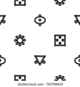 Tribal embroidery. Vector abstract seamless pattern. Black graphic on white background. Geometric embroideries shapes in minimalistic ethnic, boho, aztec, hipster style.