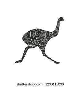 Tribal emu bird running isolated on white background. Cute stylized emu with ethnic ornament.