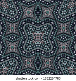 Diseño gráfico de patrones tribales interminables. Textura geométrica tradicional. Impresión cerámica de estilo étnico. Motivos musulmanes al estilo tribal.