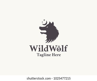 Tribal esoteric wolf logo. Vector illustration with wolf head, moon and stars