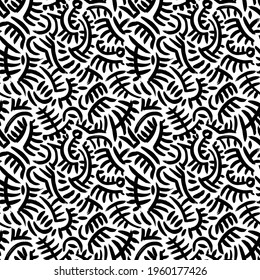 Tribal and ethnic abstract vector seamless pattern. Hand drawn aztec or indian style black and white background. Doodle rounded lines, dashes, primitive motif. Modern graphic design. Freehand textures