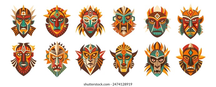 Conjunto de máscara de etnia africana tribal. Símbolos rituales tribales. Máscaras africanas, tótems, amuletos. Ilustración