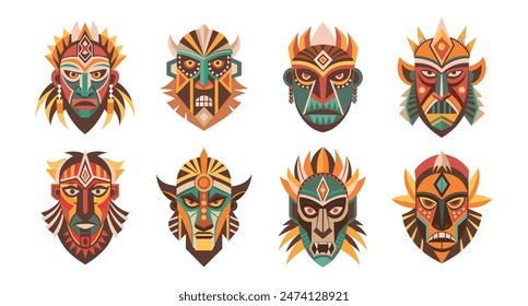 Tribal Ethnic african mask set. Tribal ritual symbols. African masks, totems, amulets. Illustration