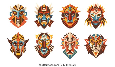 Tribal Ethnic african mask set. Tribal ritual symbols. African masks, totems, amulets. Illustration