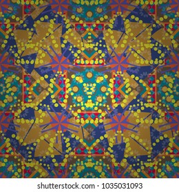 Tribal ethnic arabic, indian, turkish patern ornament. Vector traditional oriental background in violet, blue and yellow colors. Seamless pattern with the pre-existing geometry in the drawing.