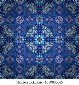Tribal ethnic arabic, indian, turkish patern ornament. Vector traditional oriental background in blue, violet and purple colors. Seamless pattern with the pre-existing geometry in the drawing.