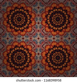 Tribal ethnic arabic, indian, turkish patern ornament. Vector traditional oriental background in black, orange and red colors. Seamless pattern with the pre-existing geometry in the drawing.