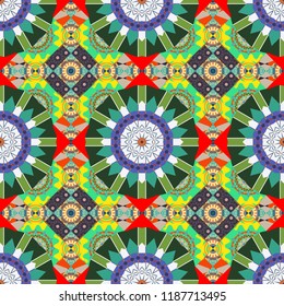 Tribal ethnic arabic, indian, turkish patern ornament. Vector traditional oriental background in gray, green and blue colors. Seamless pattern with the pre-existing geometry in the drawing.