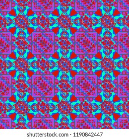 Tribal ethnic arabic, indian, turkish patern ornament. Vector traditional oriental background in red, violet and blue colors. Seamless pattern with the pre-existing geometry in the drawing.