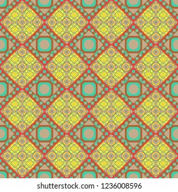 Tribal ethnic arabic, indian, turkish patern ornament. Vector traditional oriental background in blue, beige and yellow colors. Seamless pattern with the pre-existing geometry in the drawing.