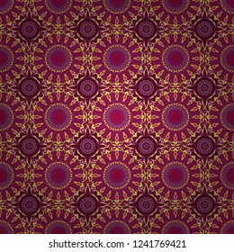 Tribal ethnic arabic, indian, turkish patern ornament. Seamless pattern with the pre-existing geometry in the drawing. Vector traditional oriental background in red, yellow and purple colors.