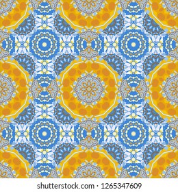 Tribal ethnic arabic, indian, turkish patern ornament. Vector traditional oriental background in yellow, green and blue colors. Seamless pattern with the pre-existing geometry in the drawing.