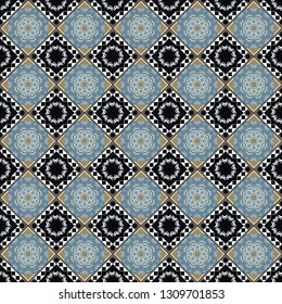 Tribal ethnic arabic, indian, turkish patern ornament. Vector traditional oriental background in black, blue and white colors. Seamless pattern with the pre-existing geometry in the drawing.