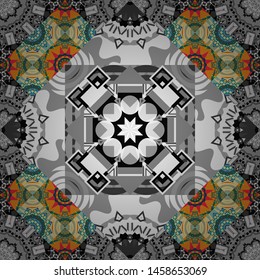 Tribal ethnic arabic, indian, turkish patern ornament. Vector traditional oriental background in gray, blue and orange colors. Seamless pattern with the pre-existing geometry in the drawing.