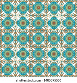 Tribal ethnic arabic, indian, turkish patern ornament. Seamless pattern with the pre-existing geometry in the drawing. Vector traditional oriental background in white, brown and blue colors.