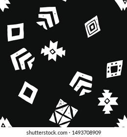 Tribal ethnic background. Geometric seamless pattern. Trendy print modern abstract wallpaper with grunge texture vector illustration. Monochrome ornament fabric textile. White on black