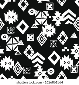 Tribal ethnic background. Geometric seamless pattern. Trendy Abstract wallpaper with grunge texture vector illustration. Monochrome ornament fabric textile. White on black