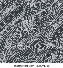 Tribal ethnic background. Hand-drawn vector doodles, seamless pattern. All elements are not cropped and hidden under mask, place the pattern on canvas and repeat
