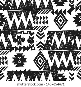Tribal ethnic background. Stylish primitive geometric seamless pattern. Trendy print wallpaper with grunge texture vector illustration. Monochrome ornament fabric textile