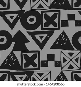 Tribal ethnic background. Stylish primitive geometric seamless pattern. Trendy print wallpaper with grunge texture vector illustration. Monochrome ornament fabric textile
