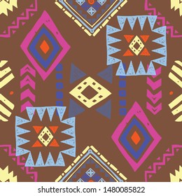 Tribal ethnic background. Stylish primitive geometric seamless pattern. Trendy print modern abstract wallpaper with grunge texture vector illustration. Ornament fabric textile.
